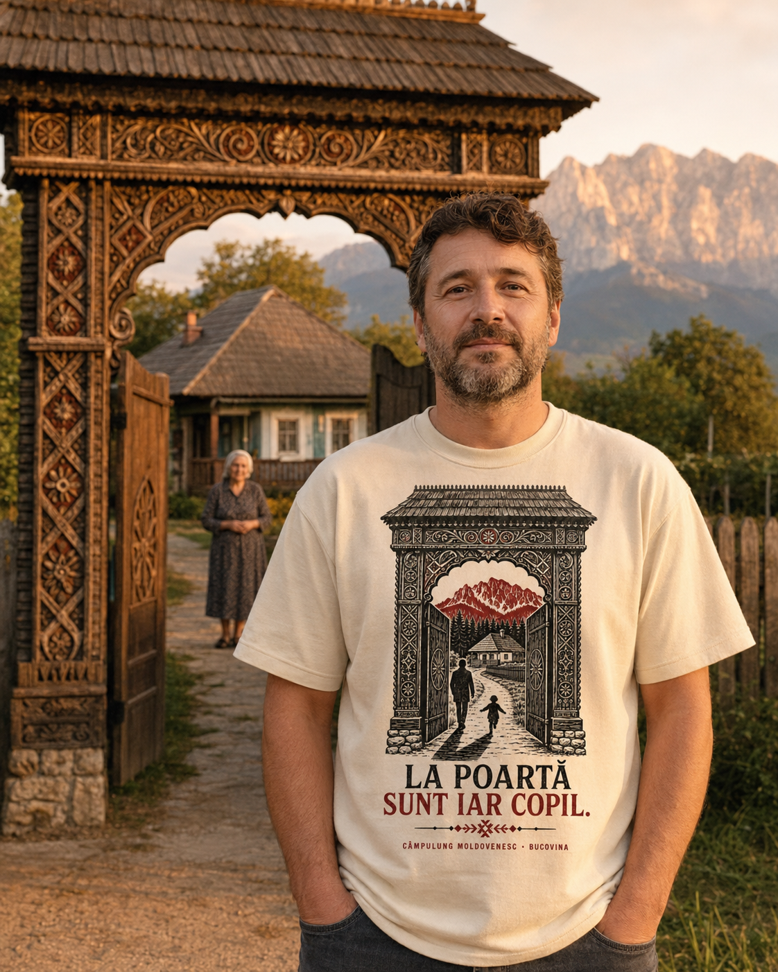 Simulare digitală — bărbat purtând un tricou inspirat de Bucovina, la o poartă tradițională