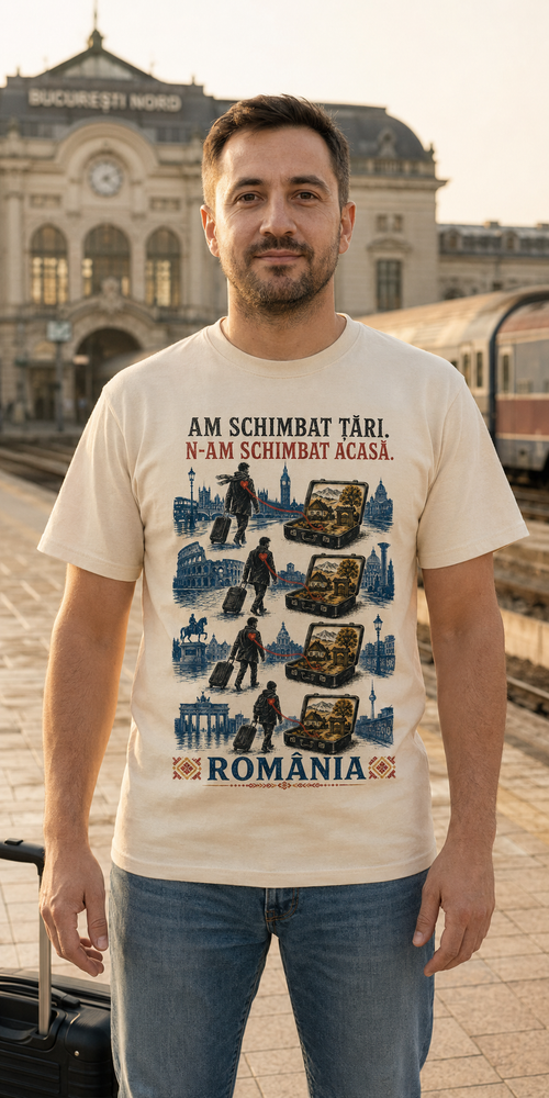 Imagine de prezentare generată cu AI: model purtând Tricou „Acasă rămâne”, cu mesajul „Am schimbat țări. N-am schimbat acasă.”.