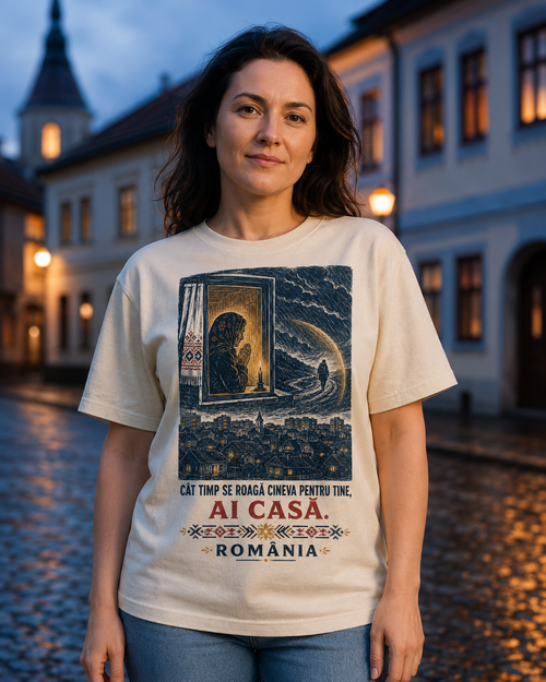 Imagine de prezentare generată cu AI: model purtând Tricou „Ai casă”, cu mesajul „Cât timp se roagă cineva pentru tine, ai casă.”.