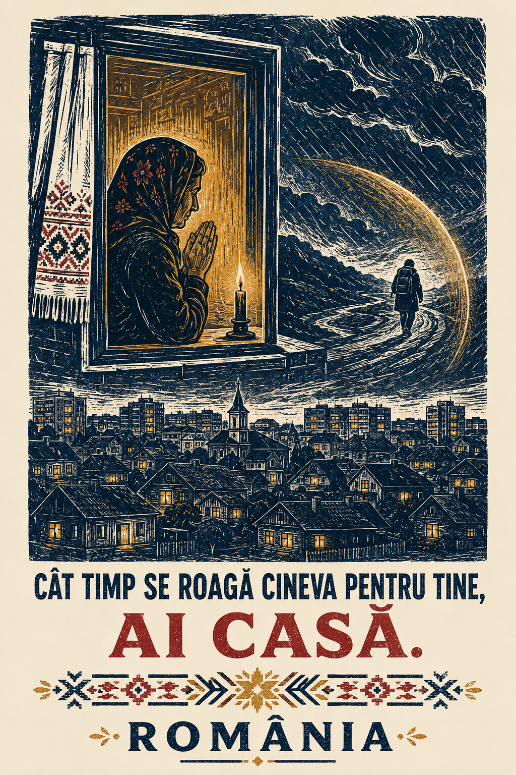 Detaliul printului pentru Tricou „Ai casă”: „Cât timp se roagă cineva pentru tine, ai casă.”.