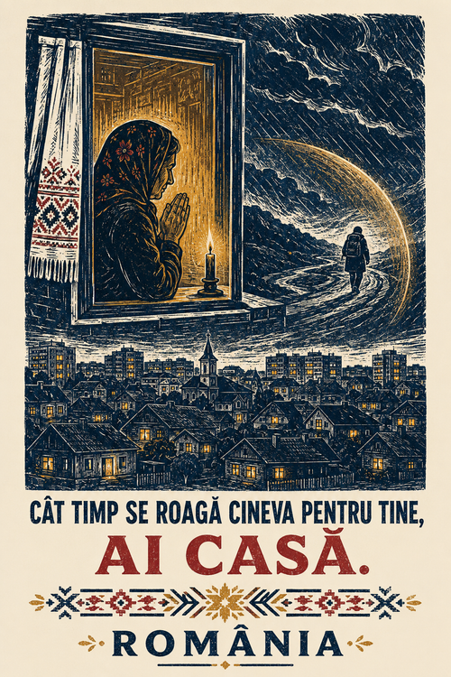 Detaliul printului pentru Tricou „Ai casă”: „Cât timp se roagă cineva pentru tine, ai casă.”.