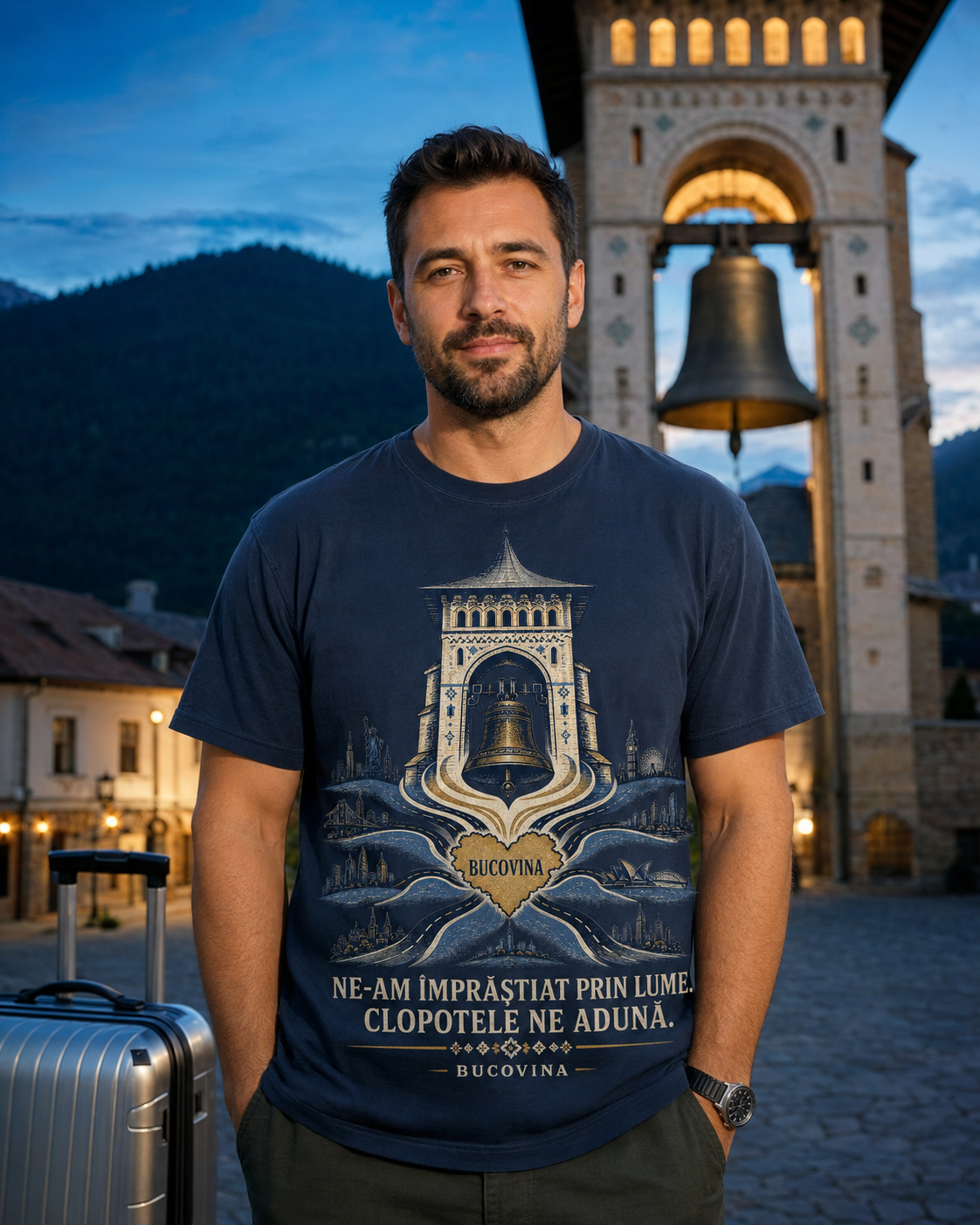 Imagine de prezentare generată cu AI: model purtând Tricou „Clopotele ne adună”, cu mesajul „Ne-am împrăștiat prin lume. Clopotele ne adună.”.