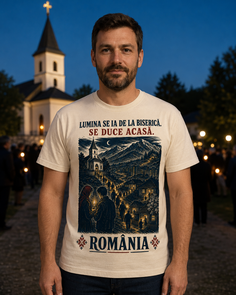 Imagine de prezentare generată cu AI: model purtând Tricou „Lumina de acasă”, cu mesajul „Lumina se ia de la biserică. Se duce acasă.”.