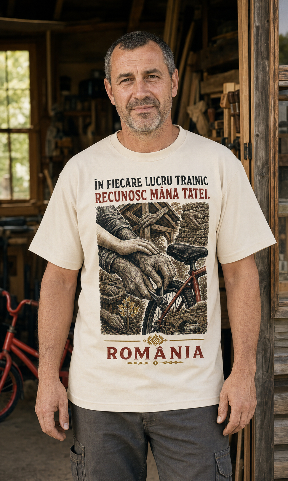 Imagine de prezentare generată cu AI: model purtând Tricou „Mâna tatei”, cu mesajul „În fiecare lucru trainic recunosc mâna tatei.”.
