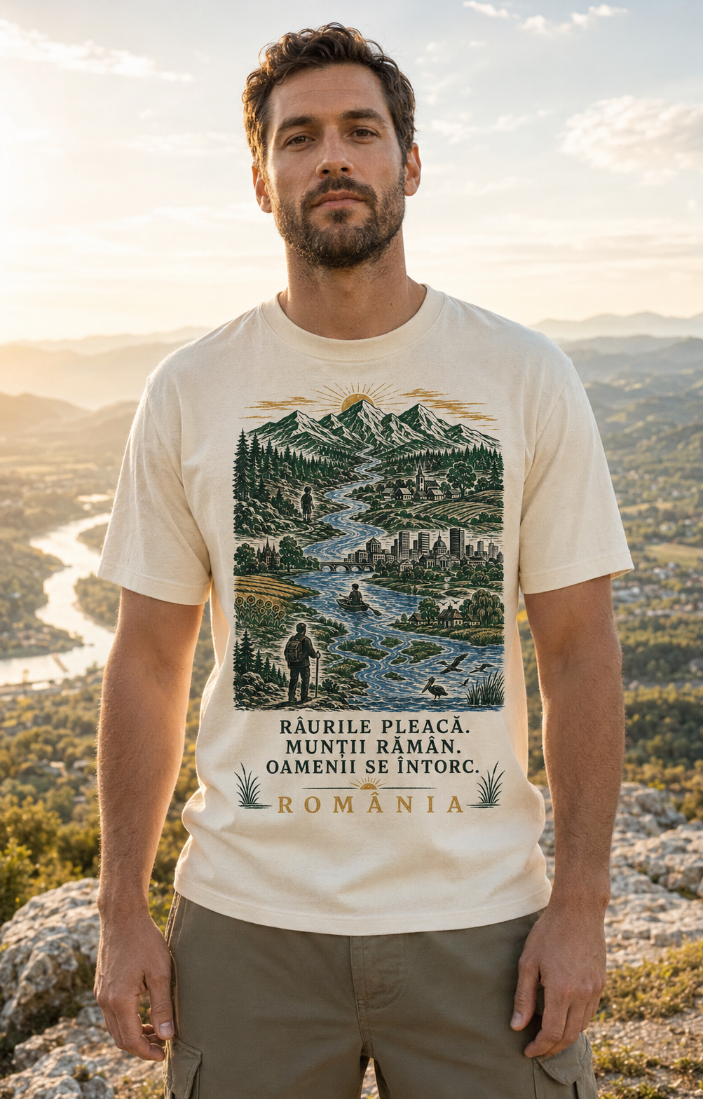 Imagine de prezentare generată cu AI: model purtând Tricou „Oamenii se întorc”, cu mesajul „Râurile pleacă. Munții rămân. Oamenii se întorc.”.