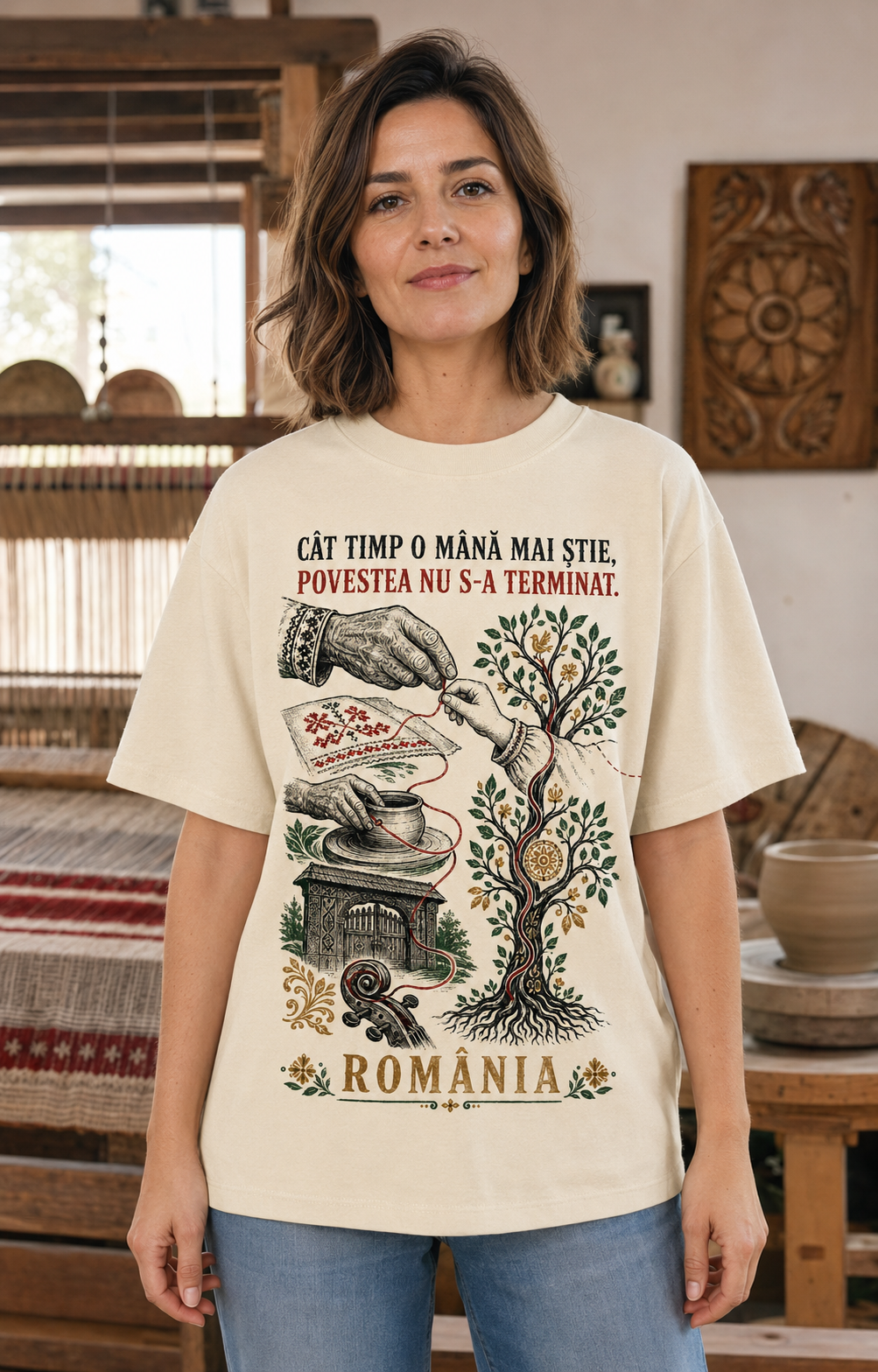 Imagine de prezentare generată cu AI: model purtând Tricou „Povestea continuă”, cu mesajul „Cât timp o mână mai știe, povestea nu s-a terminat.”.